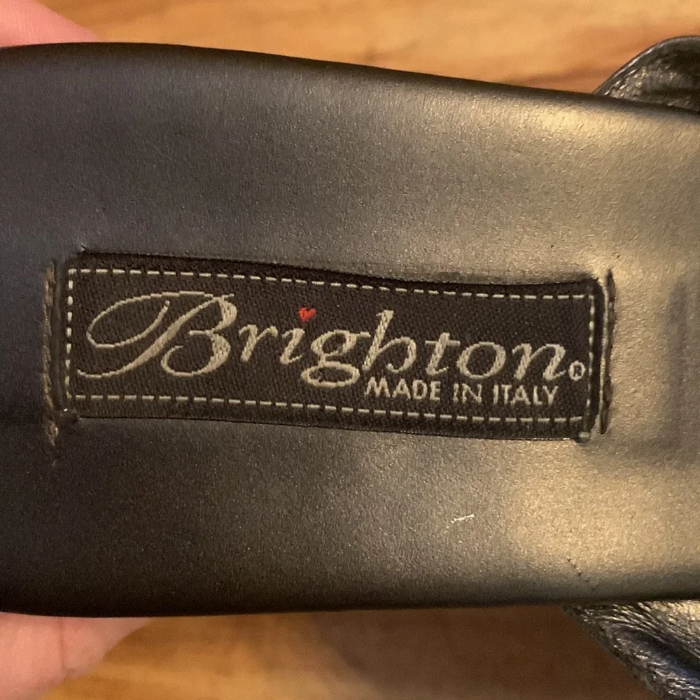 Brighton Italy metallic pewter leather horsebit buckle cork wedge slide sandals